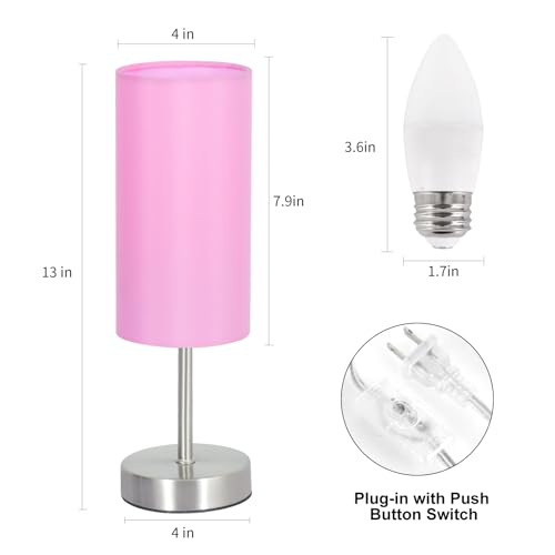 RISLG 2 Pack Small Table Lamps for Bedroom, Bedside Lamps for Nightstand with Wire Switch, Minimalist Modern Desk Lamps with Linen Fabric Shade for Kids Room Living Room Office Dorm, Bulb Included - color: 2 Pack Pink-Silver, size: 13in