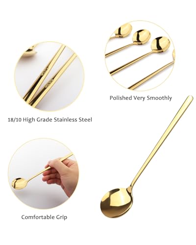 Korean Soup Spoons with Long Handles: 18/10 Stainless Steel 7.67'' Large Round Soup Spoons,4 Pack Asian Metal Dinner Spoon Set with Round Edge for Coffee,Desserts,Dishwasher Safe - size: 7.67 inch gold
