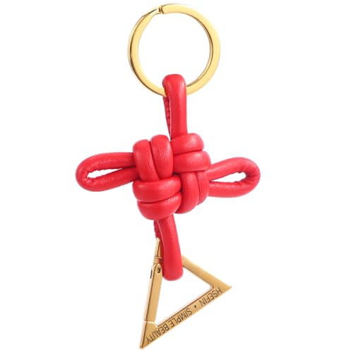 Ladies' genuine leather Chinese knot keychain, D-shaped horseshoe shaped car keychain, bag charm pendant - color: Red