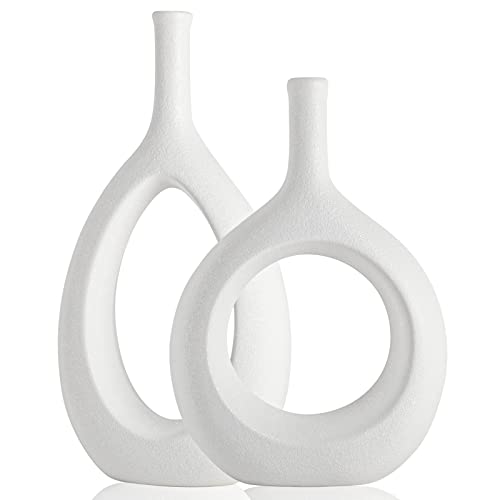 White Ceramic Hollow Elliptical Vase Set of 2 - Boho Circle Vase with Hole, for Modern White Table Decor, Living Room Decor Shelf mid Century Modern Home Entrance Decorative vase - color: White