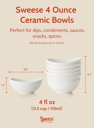 Sweese 4 oz Very Small White Porcelain Bowls - Set of 6 Dipping, Sauce, Salsa & Snack Bowls, Mini Ceramic Bowls for Condiments & Charcuterie - color: White, style: X-Small (4 oz)