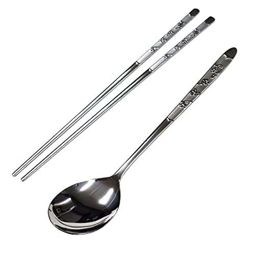 GARASANI Korean Traditional Cutlery Stainless Steel Spoons and Chopsticks Set (Silver Petal) - color: Silver Petal