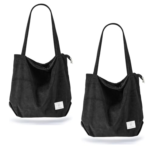 KALIDI Women Corduroy Tote Bag Zipper Casual Tote's Handbag Big Capacity Shoulder Bag with Pockets - color: Black+black