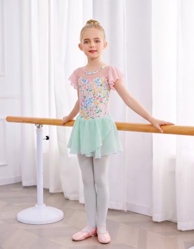 Zaclotre Girls Ballet Leotards Ruffle Sleeve Sparkle Dance Leotard - color: Aqua Pink Floral, size: 8-9 Years