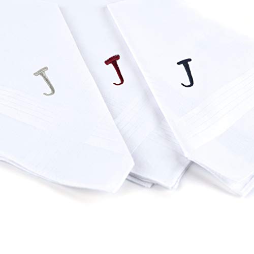 Initial Handkerchief for Men, Monogrammed Boxed 3 Piece Set,100% Cotton - color: J Initial
