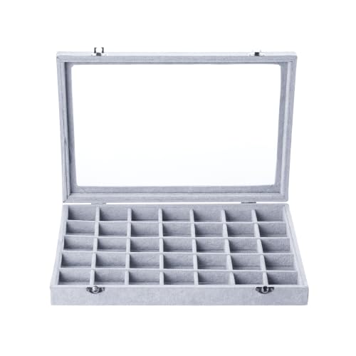 Frebeauty 35 Grid Earring Organizer,Velvet Jewelry Tray with Clear Lid - color: Grey, size: 35 Grid
