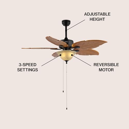 JONATHAN Y Poinciana 52" Coastal 3-Light Palm Leaf Ceiling Fan, Brown - color: Light Brown