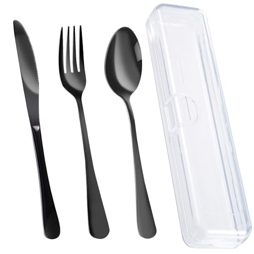 4PCS Premium Travel Utensils With Case, Stainless Steel Reusable Portable Utensils Set With Case, Lengnoyp Travel Silverware Set With Case for Lunch Box Includ Fork Spoon Knife Set, Black - color: 4 PCS Black