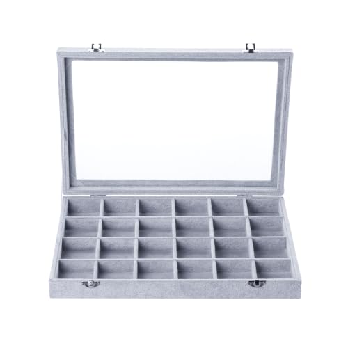 Frebeauty 24 Grid Earring Organizer,Velvet Jewelry Tray with Clear Lid - color: Grey, size: 24 Grid