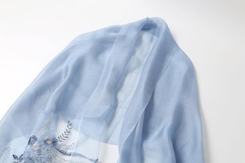 Jeelow Long Silk Blend Embroidered Floral Shawl Scarf Wrap for Women - color: Blue Floral