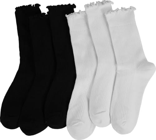 BomKinta Ruffle Socks Women Turn-Cuff Frilly Sock Cotton Crew Socks - color: 3 White 3 Black
