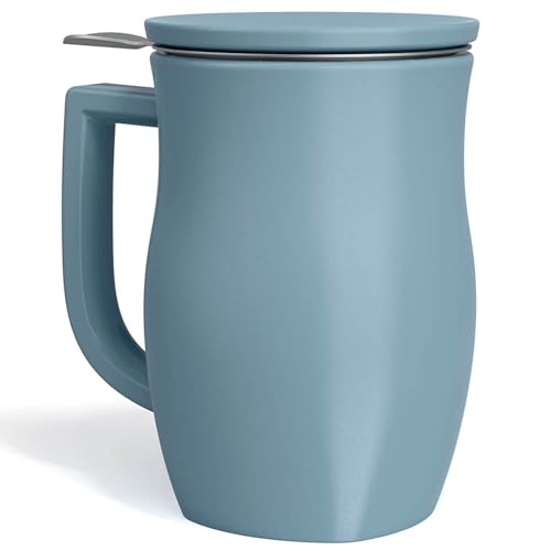 Tea Forte Ceramic Fiore Tea Cup with Infuser, Stone Blue, 14 oz - color: Stone Blue