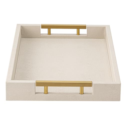 Beige Faux Leather Serving Tray with Handles – Large Decorative Tray for Coffee Table, Ottoman, Living Room, Bathroom – Home Decor - color: Beige, size: 20" x 14" x 2"