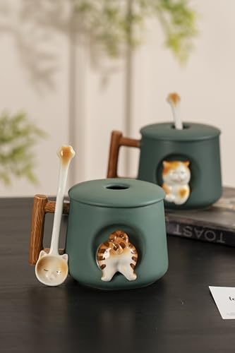DIHOclub Adorable 3D Ceramic Animal Mug with Lid and Spoon - Perfect for Coffee, Tea, Milk, and More - Ideal Gift for Animal Lovers - 14 Ounces (Green Cat's tail) - color: Green Cat's tail
