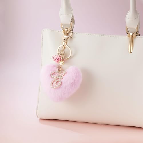 Initial Letter Heart Pom Pom Keychain for Women Pink Soft Fluffy Ball Key Ring for Purse Backpack Handbag - color: E