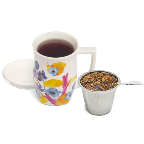 Tea Forte Ceramic Fiore Tea Cup with Infuser, Volare, 14 oz - color: Volare