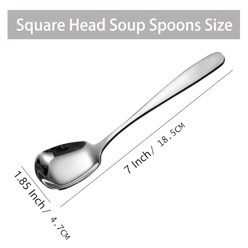 Square Head Soup Spoons, Korean Style Thick Heavy Square Dessert Spoon,Long Handled Stainless Steel Soup Spoons Table Spoons Flat Square Spoon,Set of 4,7 Inches.