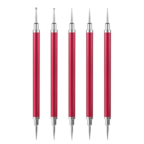 5Pcs Nail Art Dotting Tool Set Double-Ended Dotting Stylus Pens - color: Red
