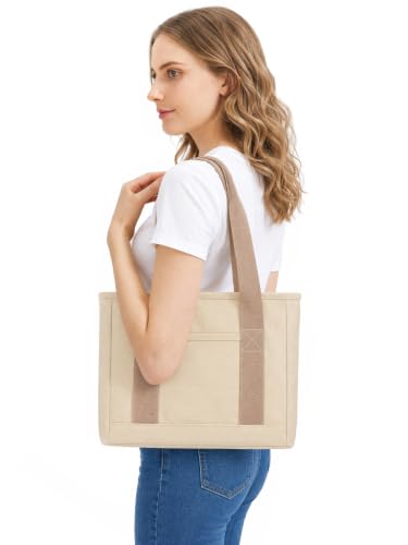 TeeYee 16oz Canvas Tote Bag Casual Multi Pocket Work Bag for Women - color: Lightkhakim, size: Medium