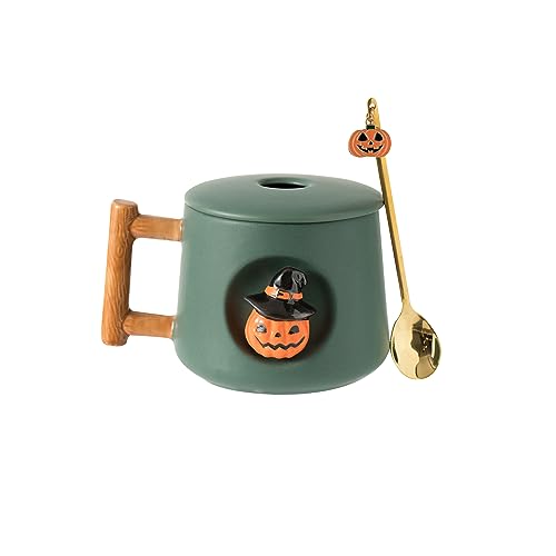 DIHOclub Adorable 3D Ceramic Pumpkin Head Mug with Lid and Spoon - Perfect for Coffee, Tea, Milk, and More - Ideal Gift for Halloween - 14 Ounces (HalloweenG) - color: HalloweenG