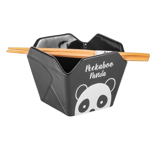 Urban Tokyo Chinese Takeout Box Style Porcelain Bowl With Chopsticks 18 fl oz Square Shape Rice Noodles Pasta To Go Box Shaped Bowl Microwave Dishwasher Safe (Peekaboo Panda) - color: Peekaboo Panda