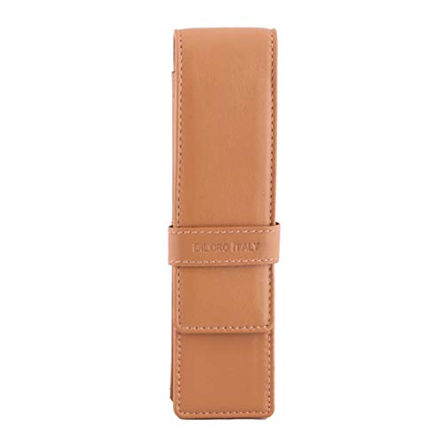 DiLoro Leather Pen Case Pouch Holder for Two Fountain Ballpoint Rollerball Pens or Pencils (Tan) - color: Tan