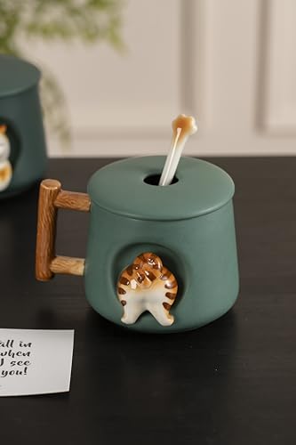 DIHOclub Adorable 3D Ceramic Animal Mug with Lid and Spoon - Perfect for Coffee, Tea, Milk, and More - Ideal Gift for Animal Lovers - 14 Ounces (Green Cat's tail) - color: Green Cat's tail