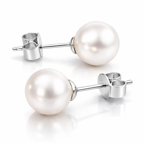 Real Freshwater Pearl Stud Earrings for Women, Hypoallergenic - color: Rhodium Plated, size: 7.0-7.5mm