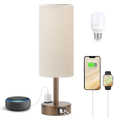Fenmzee Brown Bedside Lamp for Bedroom, Dimmable Touch, USB A+C, AC Outlet - color: Beige - Brown, size: 14"