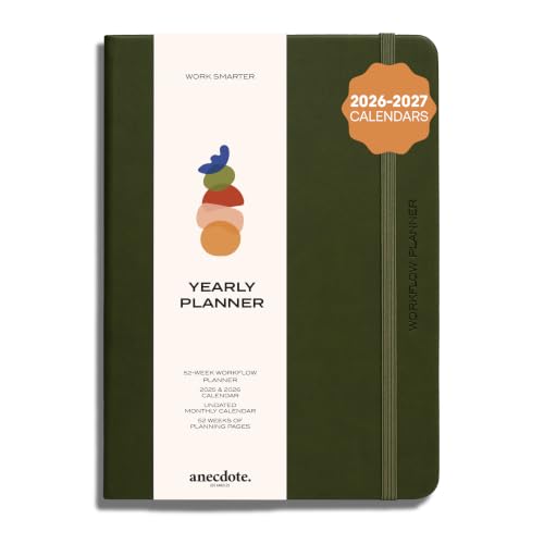 Anecdote Planner w/ 2026-2027 Calendar Yearly Planner Vegan Leather Cover - color: Olive Green