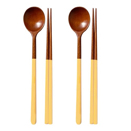 Korea traditional lacquer wooden Chopsticks and Spoon Set, 2 Pair, Yellow