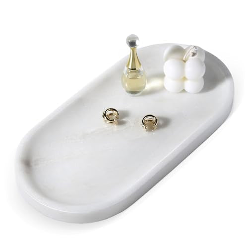 Koville African Natural White Marble Decorative Tray, 10" x 5" Marble Vanity Tray for Bathroom Countertop Organizer Stone Trays, Catchall Tray for Perfume, Candles, Jewelry (Namib Bianco White) - color: Namib Bianco White