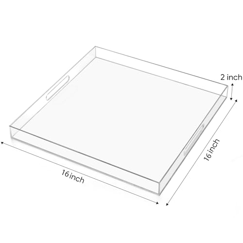16×16 inches Oversized Clear Acrylic Ottoman Tray Extra Large Decorative Tray Spill-Proof Serving Trays with Handles King-Size Safe Edge Organizer for Coffee Table Countertop Breakfast - color: Clear, size: 16" x 16" x 2"