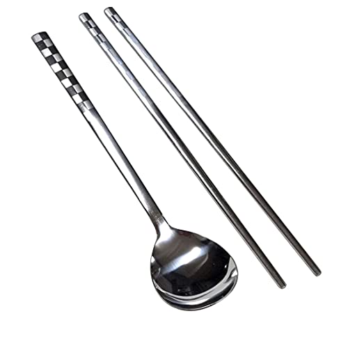 GARASANI Korean Traditional Cutlery Stainless Steel Spoons and Chopsticks Set (Silver Check) - color: Silver Check