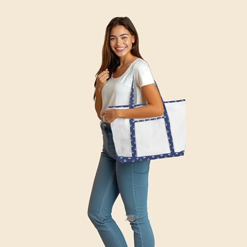 DALIX 23" Premium 24 oz. Cotton Canvas Shopping Tote Bag - color: Navy Blue Anchor