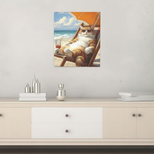 Funny Cat Beach Wall Art Cute Cat Ocean Canvas Wall Decor Coastal Kitten Pictures Paintings Prints Seaside Artwork Framed Seascape Decorations For Bathroom Bedroom Living Room Office Gifts 20" x 24" - color: Beach Cat, size: 24"L x 20"W
