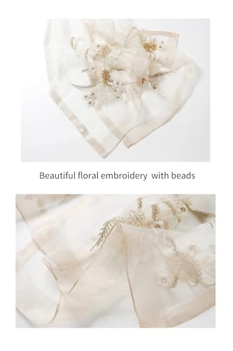 Jeelow Long Silk Blend Embroidered Floral Shawl Scarf Wrap for Women - color: White Bloom
