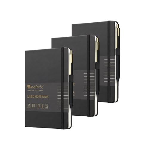 &And Per Se Lined Journal and Pen Set (3 Packs), A5 Leather Hardcover Notebook with Pen & Stationary Set, 160 Pages 100GSM Thick Ruled Paper Journal for Business Work Writing (Black) - color: Black