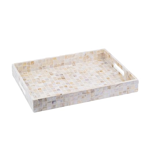 PEMAR Rectangular Mother of Pearl Serving Tray Nacre Wood Lap Ottoman Tray for Coffee Table, Luxury Decorative Handmade Eating Platters w Insert Handles (White Cream) - color: Milano