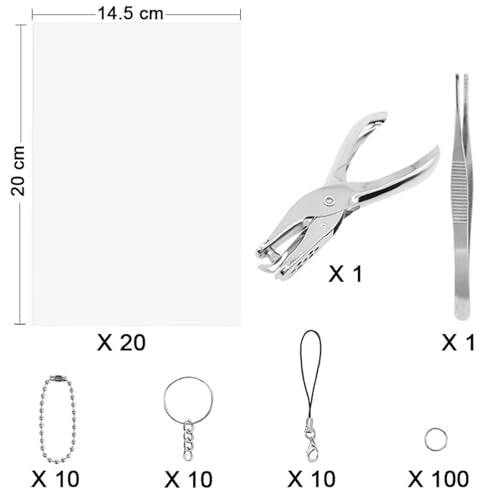 Benvo 157 Pcs Heat Shrink Plastic Sheet Kit Shrinky Art Film Paper 20 Pcs with 135 Pcs Keychains Accessory Ear Hooks Chain Beads Lobster Clasps and Hole Punch, Tweezer for Creative DIY Handmade Craft - size: 157 PCS A5 Shrink Paper with Accessory