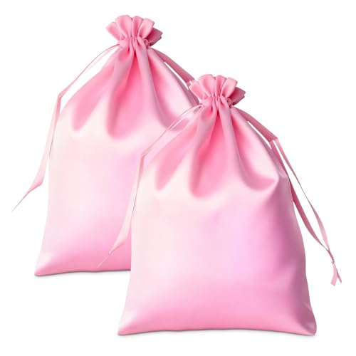 2Pcs Silk Satin Wig Bags with Drawstring, Satin Pink Gift & Travel Bag