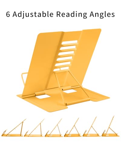 MSDADA Desk Book Stand Metal Reading Rest Book Holder Adjustable Cookbook Documents Holder Portable Sturdy Bookstands for Recipes Textbooks Tablet Music Books (Yellow) - color: Yellow