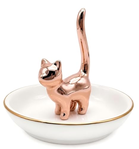 ROSA&ROSE Ring Holder Jewelry Tray–Handmade Cat Ring Dish,Romantic Gift for Her,Wedding,Birthday Gift for Girlfriend,Wife Personalized Jewelry Holder,Cute Cat Decor - color: Rose gold-2