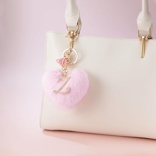 Initial Letter Heart Pom Pom Keychain for Women Pink Soft Fluffy Ball Key Ring for Purse Backpack Handbag - color: Z