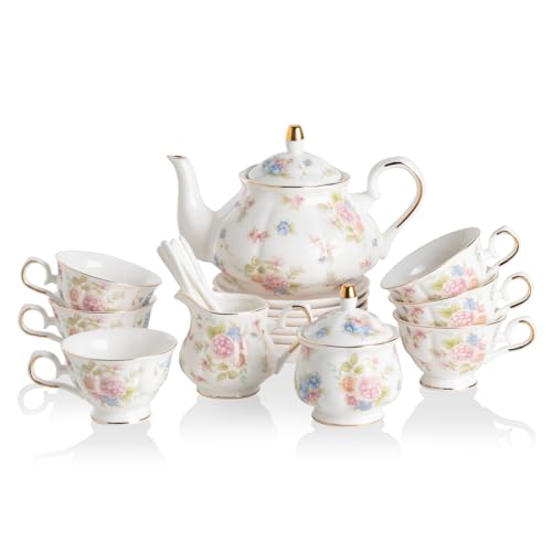 Sweejar Porcelain Tea Set Vintage Floral, British Relief Gold Rim Teapot Cup and Saucer Sets, 22-Piece Tea Sets for Adults, with Teapot, Sugar Bowl, Milk Jug, Spoons, Cup and Saucer (Small Flower) - color: Small Flower