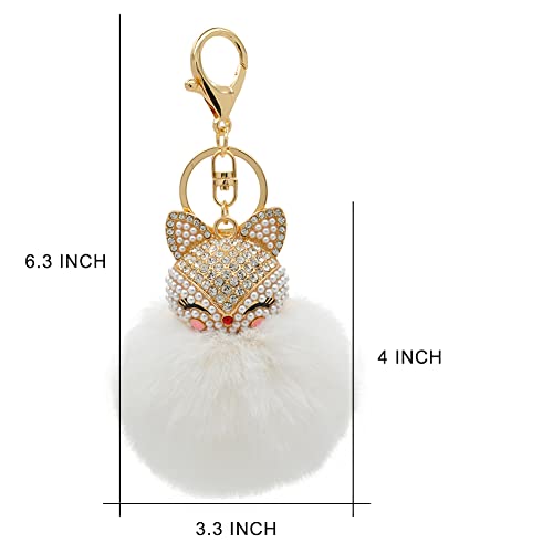 Faux Rabbit Fur Pom Pom Keychain with Fox Head - color: White