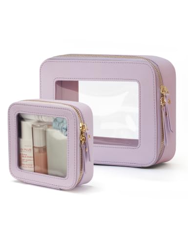 Popvibe Clear Makeup Bag with Zipper, Set of 2, Mini and Medium, Purple - color: Purple, style: Mini & Medium