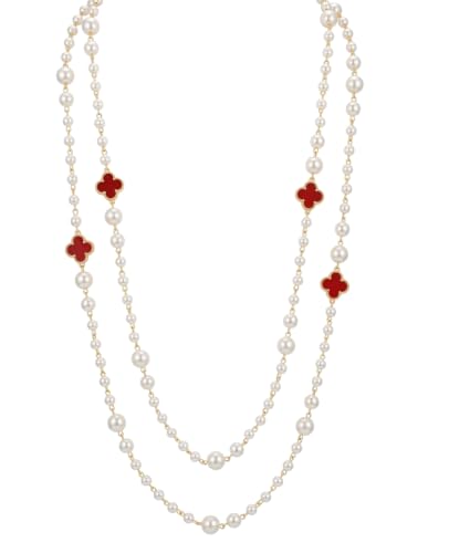 Long Pearl Necklace for Women Layered Lucky Clover Jewelry Gift - color: Red Clover