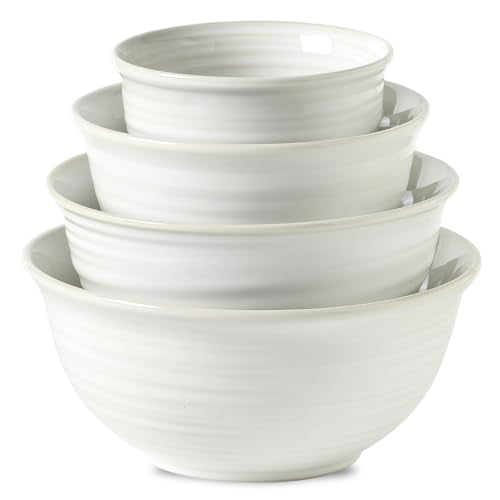 Hasense Ceramic Mixing Bowls, 2.1/1.5/1.0/0.5 Qt, Nesting Bowls for Cooking, Baking, Serving Dishes for Salad, Fruits, Popcorn, Dishwasher & Microwave Safe, Set of 4, Clay-Infused White - color: Clay-Infused White, size: 20+40+65+84 Ounce