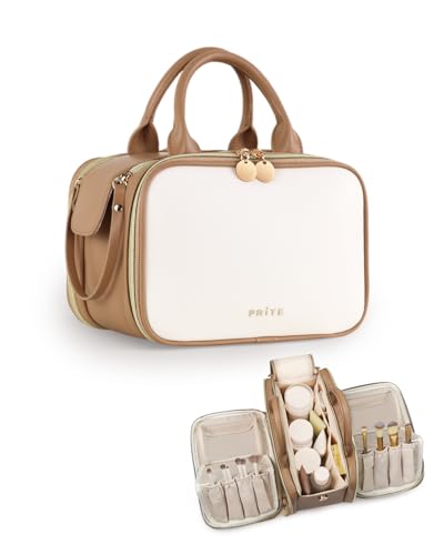 Prite Large Makeup Bag, Waterproof Travel Cosmetic Case with Brush Holder - color: Beige-Brown, size: Large